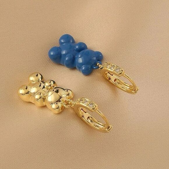 Kawaii Pastel Goth Gold Overlay Rhinestone Hoop Mismatched Teddy Bear Earrings - Picture 3 of 4